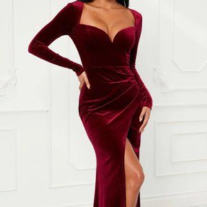 Elegant Burgundy Velvet Gown With Slit